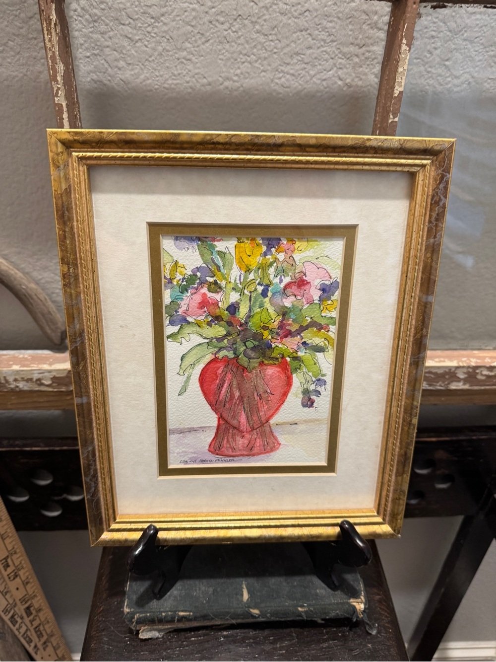 Vintage Framed Watercolor Floral Painting with Red Vase